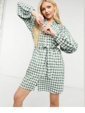 VILA Green and White Gingham dress